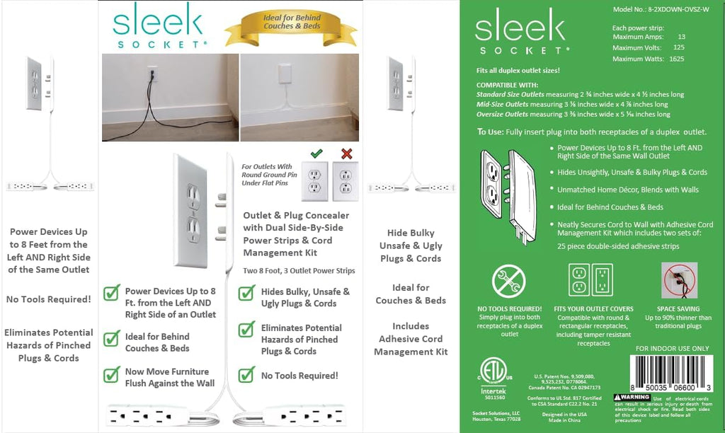 Sleek Socket Original & Patented Ultra-Thin Outlet Concealer with Cord Concealer Kit, Flat Extension Cord with Multi Outlets Power Strip, Ideal for Home Improvement, Hide Bulky and Messy Cords