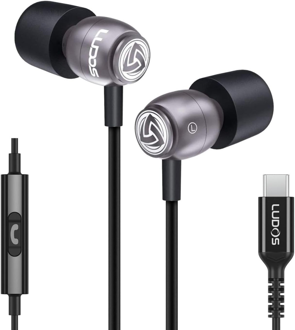 LUDOS Clamor USB C Headphones for iPhone 16 15 Pro Max Plus iPad Pro, 5 Years Warranty, USB-C Earbuds for Samsung Galaxy S24 S23 Ultra S22 S21 FE S20 A55 A54 A53, USB Type C Earphones - Grey