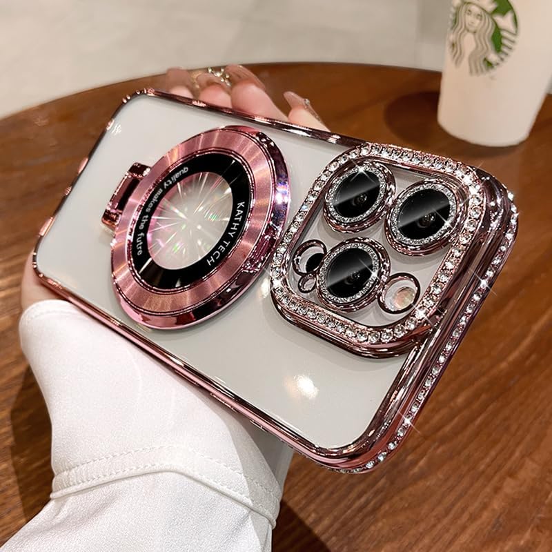 Magnetic Kickstand (Glitter Lens Protector ) Case for iPhone 15 14 13 12 Pro Max (Compatible with Magsafe ) Sparkling Diamond Cover Glitter Shiny Rhinestone Cases (Pink,for iPhone 15 Pro Max)