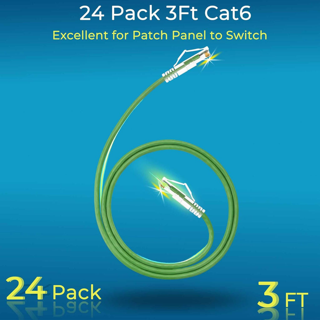 Rapink Patch Cables Cat6/ Cat6a 3ft (24 Pack) Slim, Cat6a Ethernet Patch Cable 30G Support, Snagless Cat 6 Patch Cable for Patch Panel to Switch, Flexiable Cat6 Ethernet Cable Green