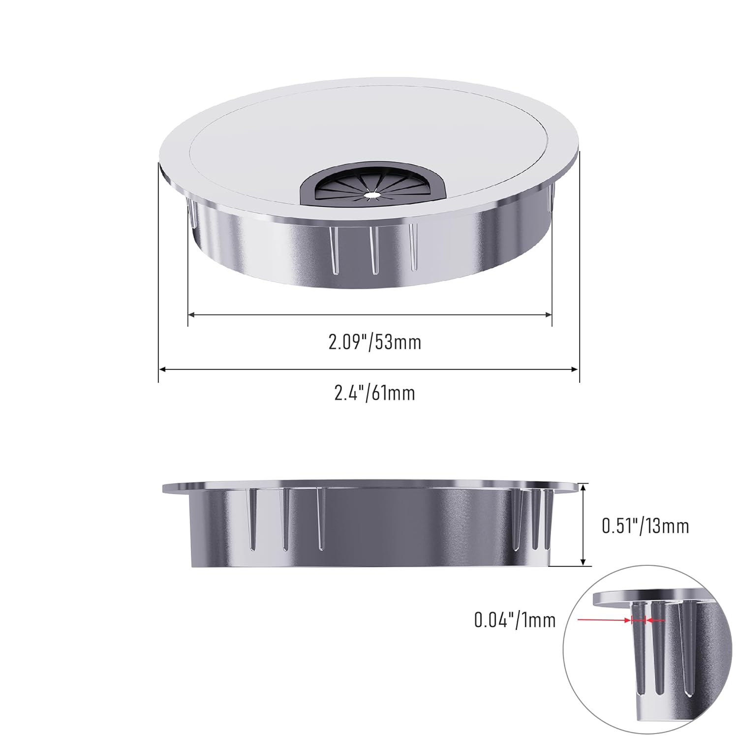 2 Pack Desk Grommet 2-1/8 Inch 53mm, Zinc Alloy Computer Desk Wire Hole Cover, Office Desktop Cord Cable Hole Metal Ring, Silver Tone