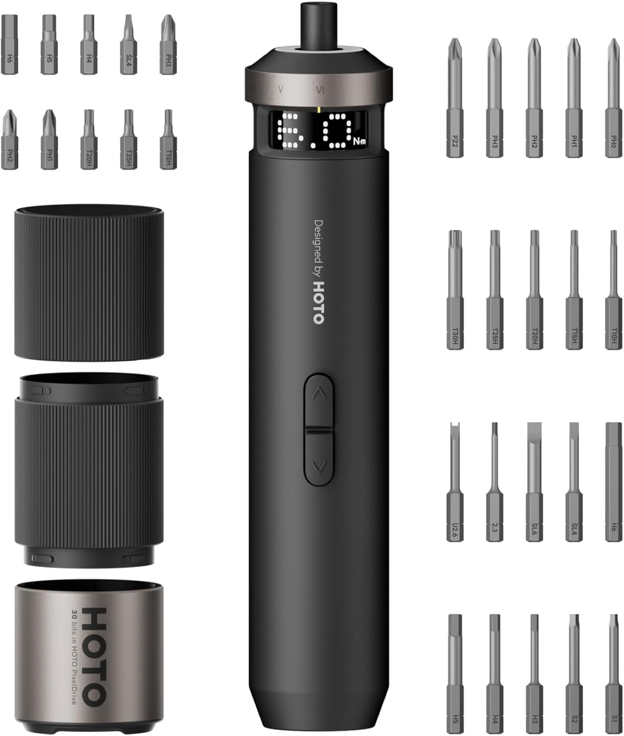 HOTO PixelDrive Electric Screwdriver, Smart Display, 6 Torque Settings, 0.5 to 6 N·m, 1/4'' Hex 30 Bits, LED Light, 2000 mAh Rechargeable Cordless Screwdriver Set for Electronics, Home Repair