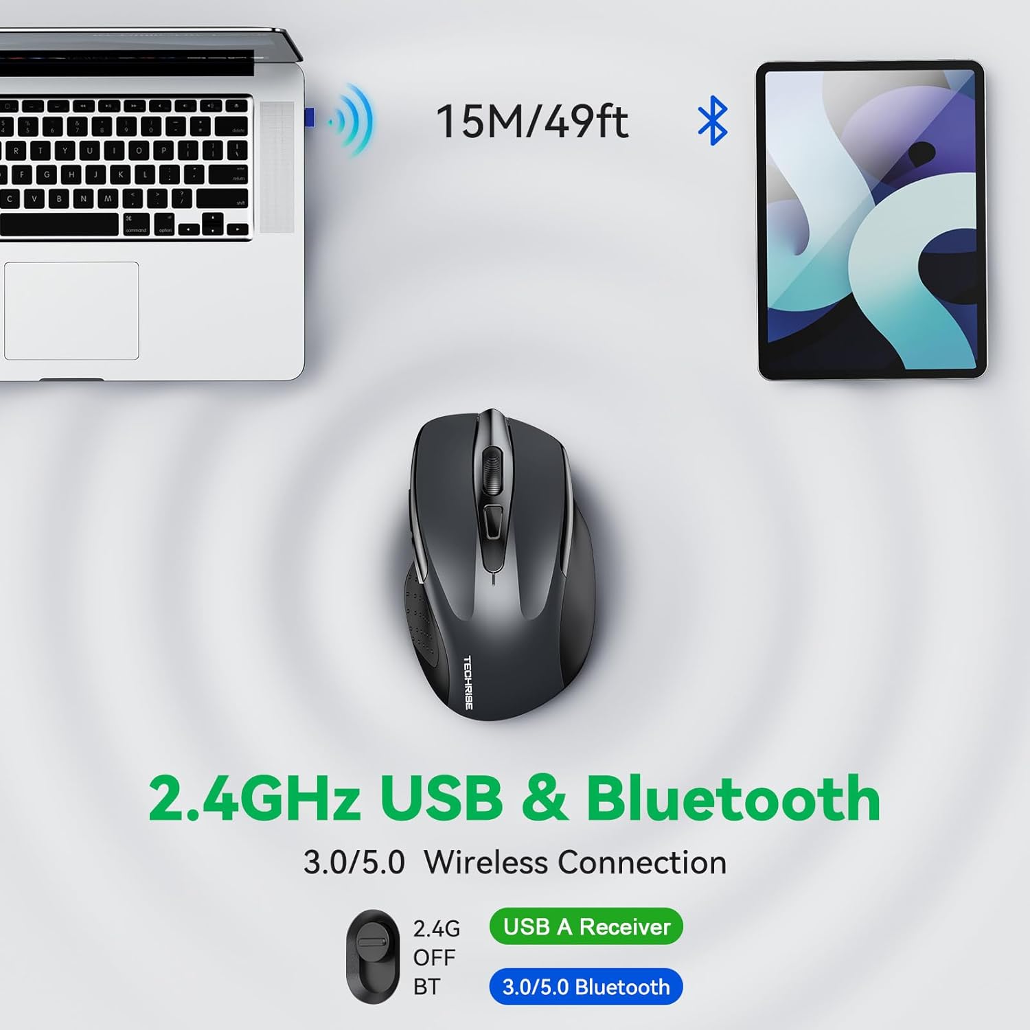 Bluetooth Mouse (BT5.0/3.0 & 2.4G) Rechargeable Wireless Mouse, 4800 DPI Optical Tracking, 6 Adjustable DPI, 2.4GHz with USB A Receiver, Quiet Clicks, Ergonomic Grips, 6 Buttons - Grey