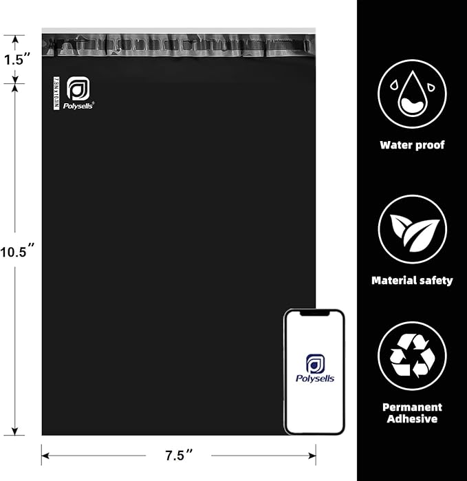 POLYSELLS 100 pcs 7.5x10.5 Inches Black Poly Mailers Shipping Envelopes - Image 2