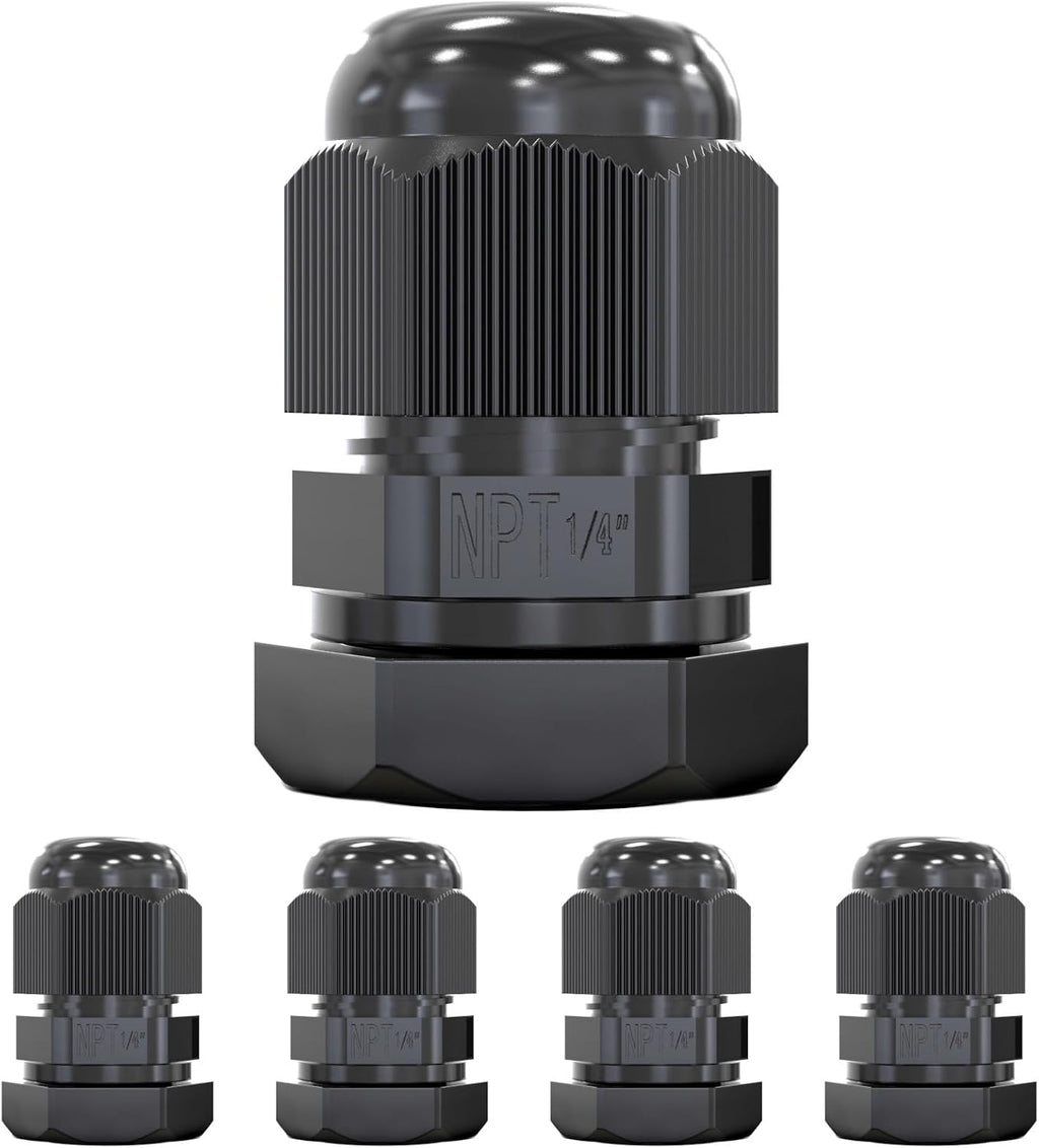 MGI SpeedWare 1/4" NPT Strain Relief Nylon Cord Grip Cable Glands, Black Plastic Grommet 20-Pack