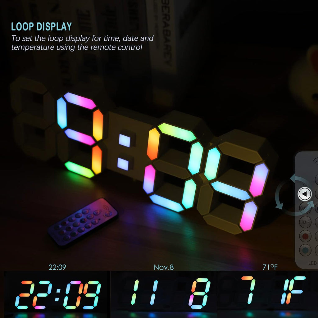 KOSUMOSU LED Wall Clock 15" RGB Digital LED Clock for Living Room Decor, Large Display Gaming Room Clocks, Dimming/12/24 Hr Time/Date/Temp/Remote (White Clock with Neon Light)