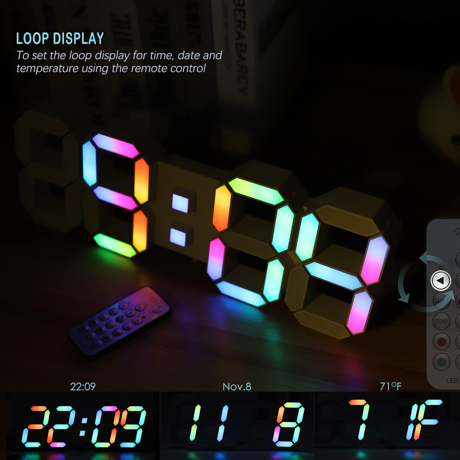 KOSUMOSU LED Wall Clock 15" RGB Digital LED Clock for Living Room Decor, Large Display Gaming Room Clocks, Dimming/12/24 Hr Time/Date/Temp/Remote (White Clock with Neon Light)