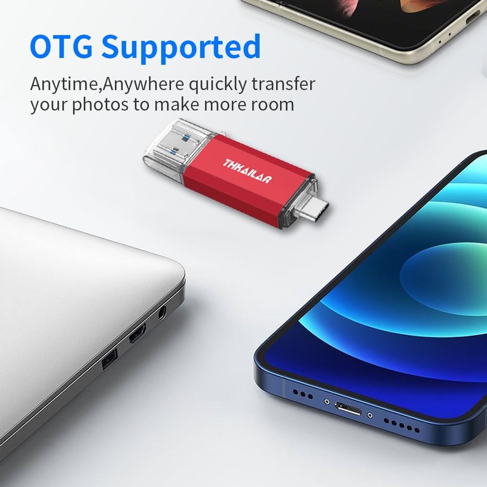 Thkailar USB Flash Drive 512GB,Type A and Type C Ports 2 in 1 OTG USB 3.1 Thumb Drive,Memory Stick for Business Traveler Compatible with iPhone 15/Android Phone/PC/Mac Pro/Laptop(Red)