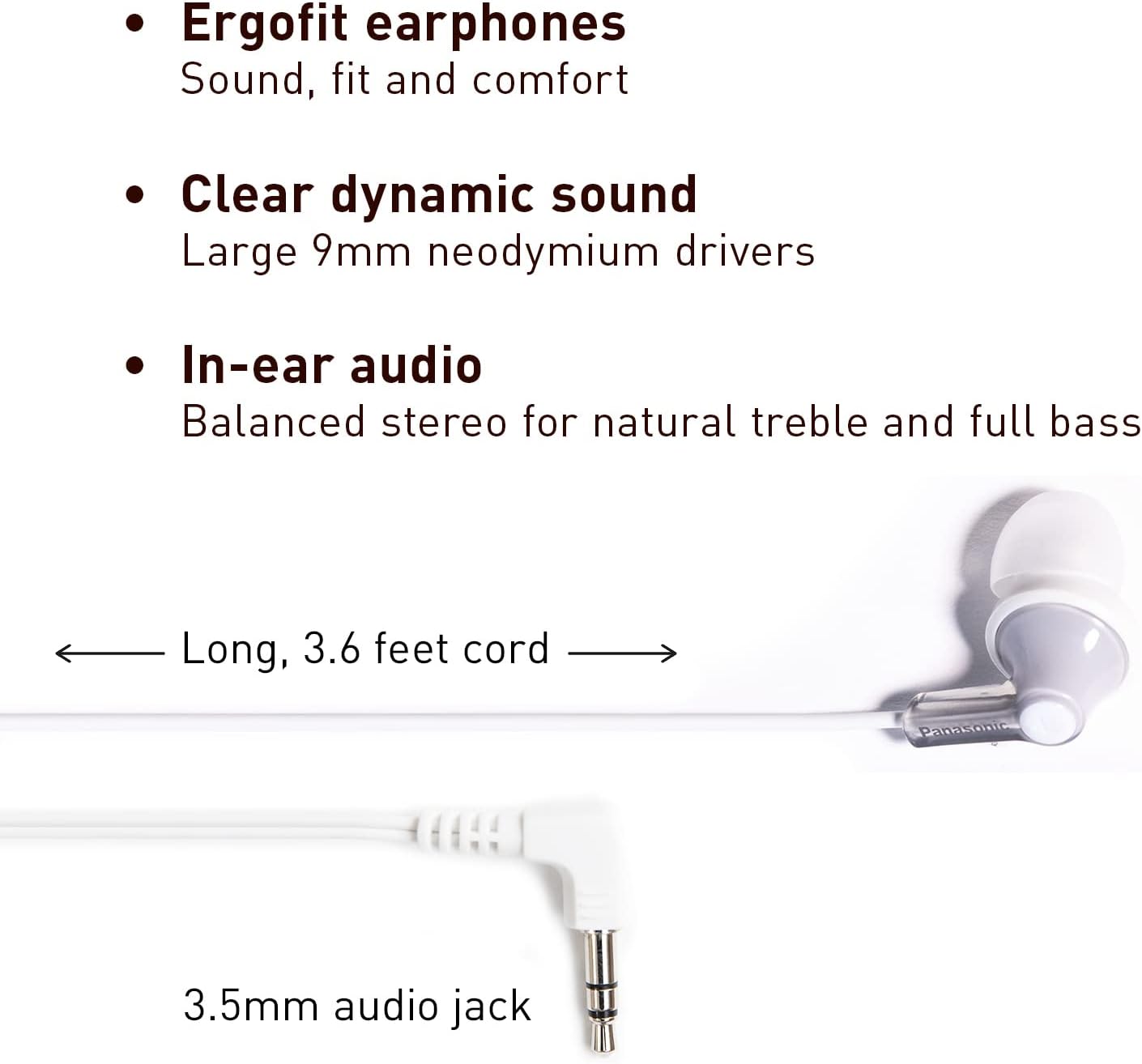 Panasonic ErgoFit Wired Earbuds, 3.5mm Jack In-Ear Headphones Wired with Dynamic Crystal-Clear Sound and Soft Ergonomic Custom-Fit Earpieces (S/M/L), for Phones and Laptops - RP-HJE120-S (Silver)