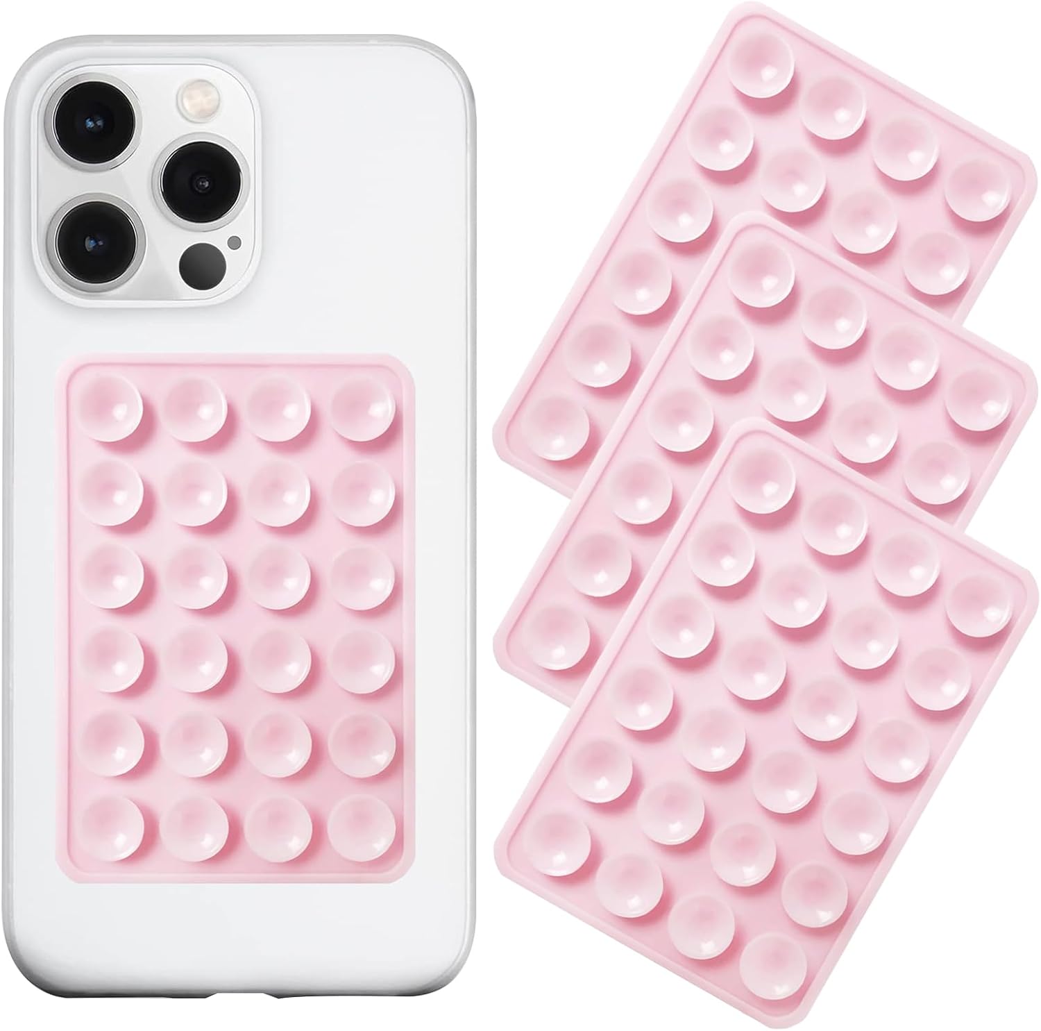 Silicone Suction Phone Case Mount 3 Pack, Silicon Adhesive Suction Cup Phone Mount, Non Slip Sticky Phone Grip for Cellphone, Strong Grip Holder for Selfies and Videos (Light Pink)