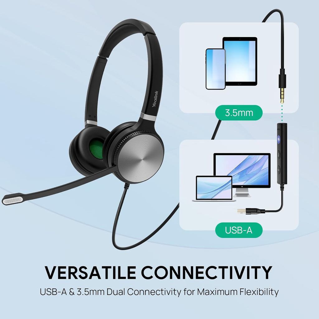 Yealink UH36 Professional USB Headset Wired Headphones for Work Calls and Music, Headset with Noise Cancelling Mic for Computer PC Laptop（UC Compatible, Stereo,3.5mm Jack/USB Connection）