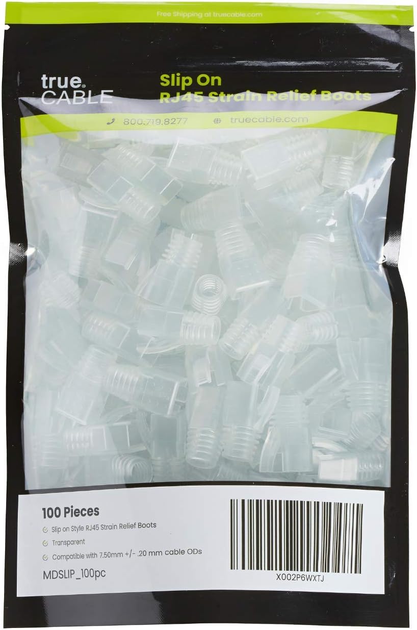 trueCABLE RJ45 Strain Relief Boots, 7.5mm Slip-On PVC Plug Cover, Transparent, 100 Pieces