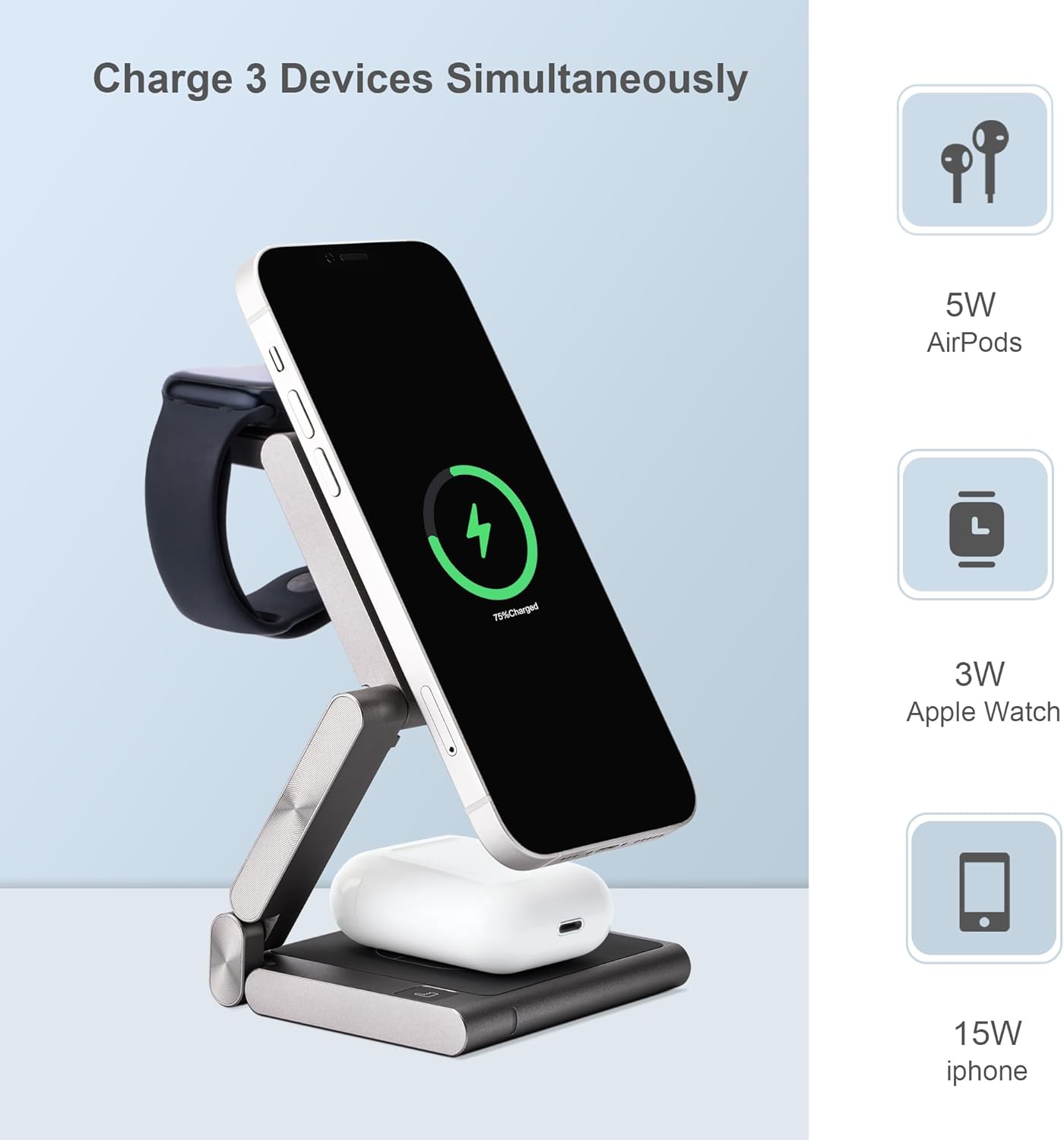 Fast Wireless Charging Station, Foldable for Travel w/Light, Modern All Aluminum Alloy Body, 4 in 1 Charger Compatible with MagSafe for Apple iPhone 16/15/14/13/12, AirPods and Apple Watch [Titanium]