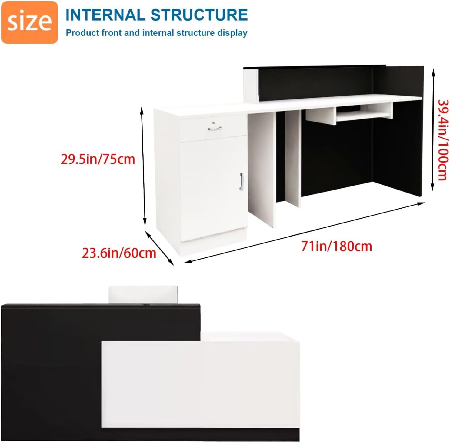 Reception Desk with Counter Modern Checkout Counter with Lockable Drawer Keyboard Tray Receptionist Desk for Office Salon Reception Table D Left 71inch/180cm