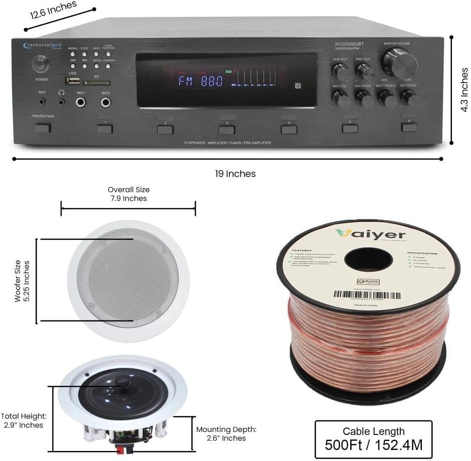 Vaiyer Home Audio System Kit, 6-Channel 6000 Watts Bluetooth Amplifier with 5.25" 12 QTY of 175 W Each in-Wall in-Ceiling Speakers & 16 AWG 500 ft. Speaker Wire - Perfect for Home, Office, Restaurants