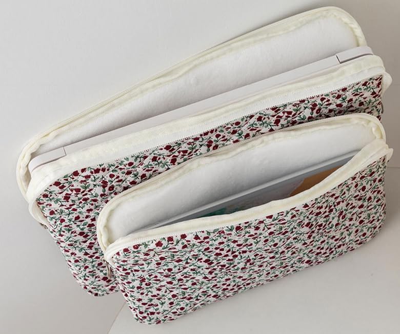 Puffy Laptop Sleeve 13-15.6 Inch Cute Quilted Laptop Protective Case Padded Floral Computer Sleeve for MacBook (B-red, 15 Inch)