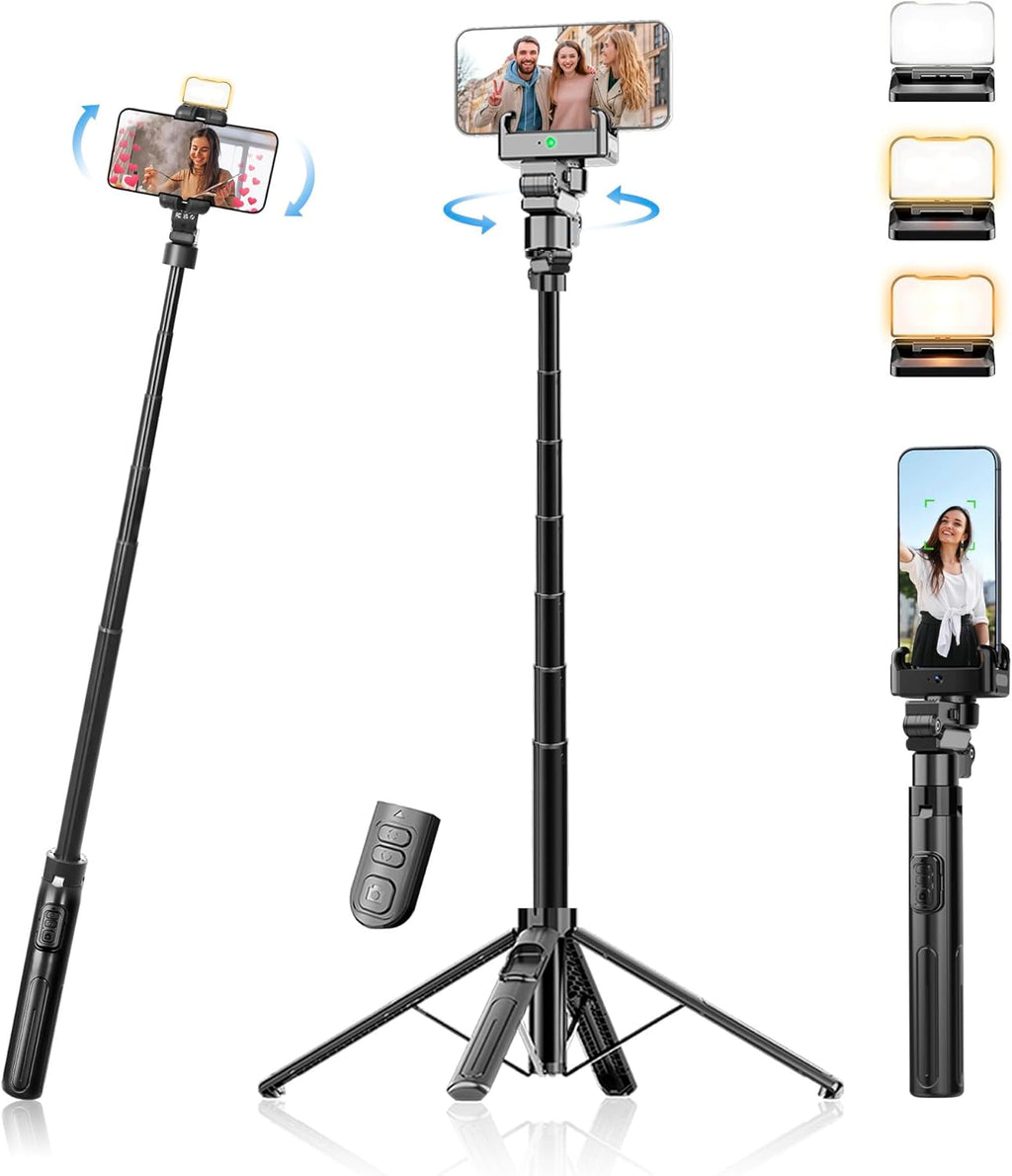 Auto Face Tracking Tripod & 360° Rotating Selfie Stick with Light, Smart AI Motion Sensor, Facial Recognition, 1-Axis Gimbal Stabilizer Phone Holder for iPhone/Android, TikTok Video Recording/Vlog