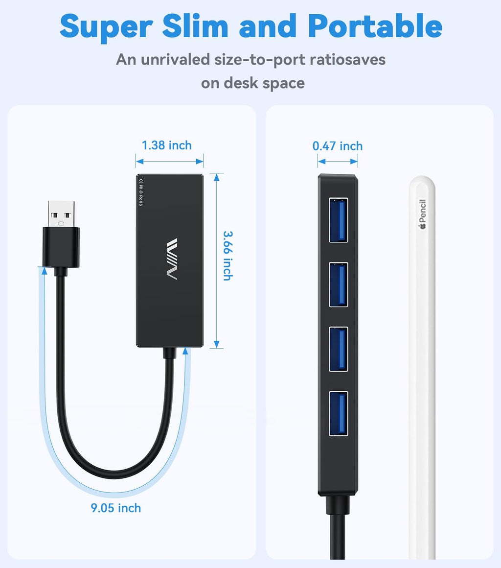 USB 3.0 Hub,4 Port USB Splitter Extender Portable Adapter Multiport Data Hub for Laptop,Xbox, Flash Drive,HDD,Console,Camera,Keyborad,Mouse Windows,Mac OS PC,Not Designed to Charge Devices-Black
