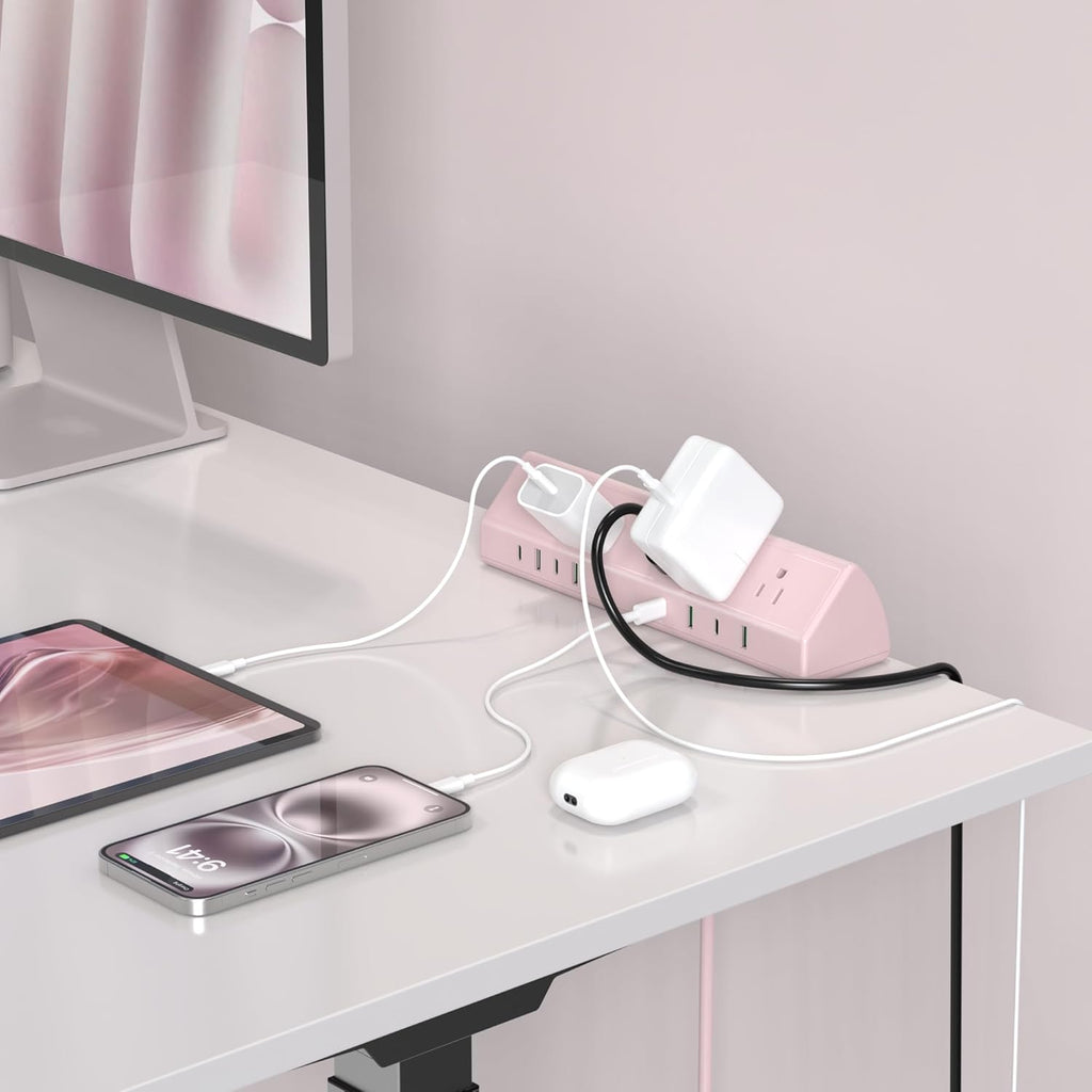 Jgstkcity Desk Clamp Power Strip, 45W Fast Charging Station,4 USB-C, 4 USB-A,1200J Surge Protector,ETL Listed,1875W Extension Cord,Multiple Outlets for Home, Office (Pink, 6 FT Cable)