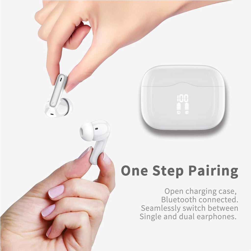 Wireless Earbuds, Bluetooth 5.4 Headphones in Ear with 4 ENC Noise Cancelling Mic, New Wireless Earphones HiFi Stereo Deep Bass 40H Playtime, In-Ear Bluetooth Earbuds LED Display IP7 Waterproof, White