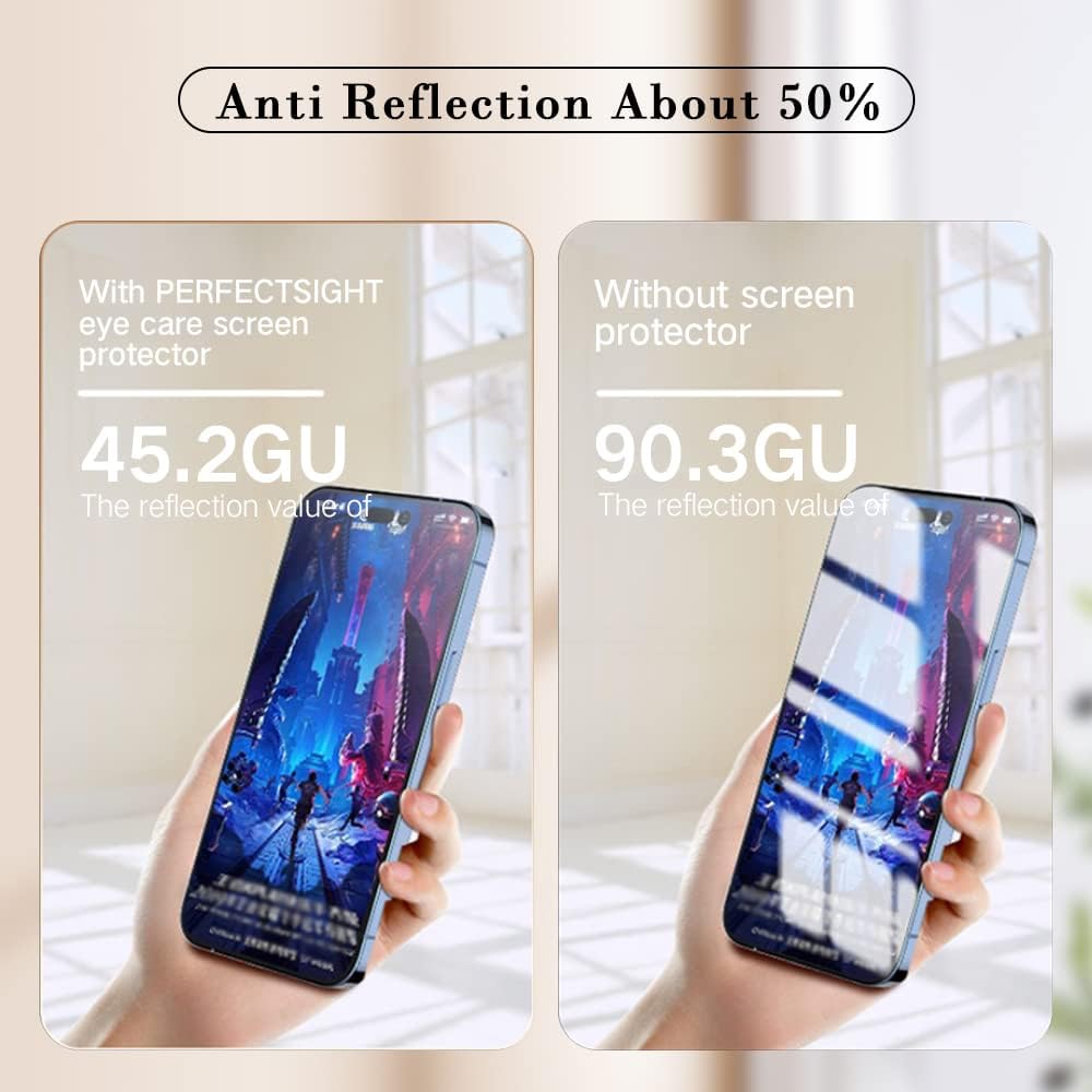 PERFECTSIGHT Sapphire Anti Glare Blue Light Blocking Screen Protector Designed for iPhone 14 Pro, [Medical-Grade Eye Protection] Filter 8 Radiations Matte Diamond Hard Tempered Glass (6.1 inch)