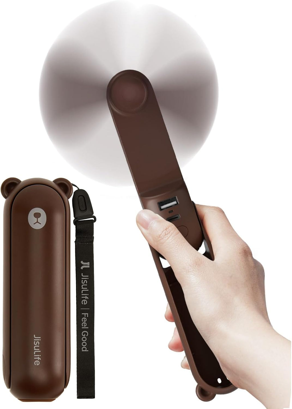 JISULIFE Handheld Fan with 4500 mAh Powerbank Max 37 Hours Runtime, Pocket Portable Battery Operated or USB Powered Folding Personal Fan, 3 Speeds, Gifts for Women Men Kids Gift for Festival-Brown