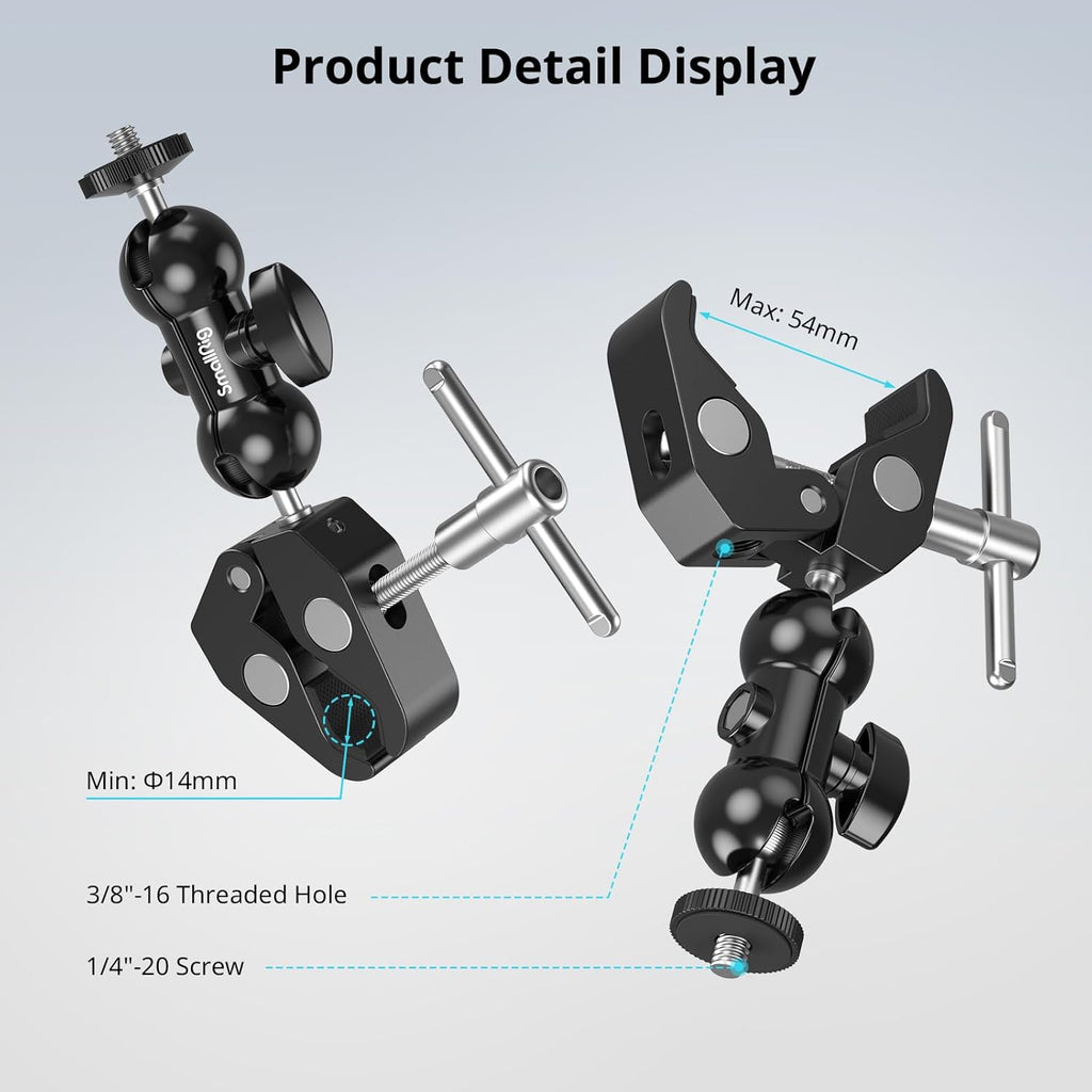 SMALLRIG Super Camera Clamp Mount 2-Pack, Double Ball Head Magic Arm Adapter, Fence/Desk/Tripod Mount for Monitor/Light/Camera, for Insta360, for Gopro, for Osmo Pocket 3, 5321