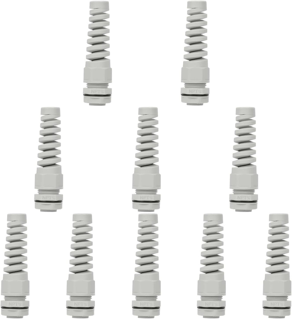 LeMotech 10Pcs NPT 3/8" IP68 Waterproof Cable Gland Flex Spiral Strain Relief Grey Nylon Joint with Gaskets for 5-10mm Wire Thread