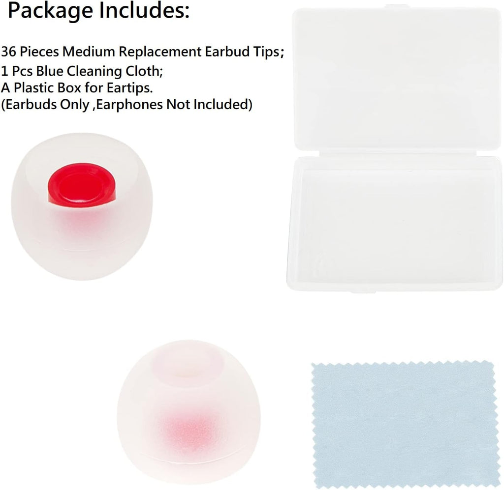36 Pieces Medium Earbud Tips Soft and Comfortable Ear Bud Replacement Pieces Silicone Fit Most in-Ear Headphones，Inner Hole 3.8mm -5.5mm，Medium White and Red Replacement Eartips