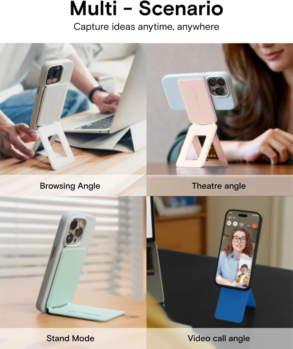MOFT Phone Stand, Magnetic Phone Tripod Stand Stain-Resistant MOVAS Leather & Angle Adjustment & Strong Magnets Tripod for iPhone 16/15/14/13/12 (Included Metal Ring)-Peppermint