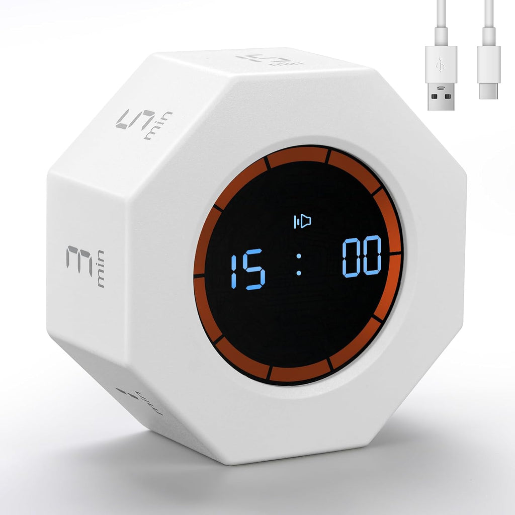 Rechargeable Pomodoro Timer, 8-Angle Auto-Rotating Screen with Gravity Sensor, Digital Timers for Classroom, Small Kitchen Timers for Cooking, Work and Study (Pearl White)