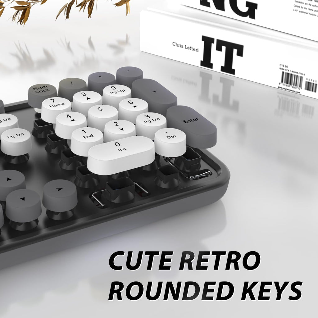 Wireless Keyboard and Mouse, KOOTOP Cute Keyboard and Mouse, 2.4G Wireless Keyboard with Retro Round Keycap for PC, Mac, Laptop,Tablet,Computer Windows (Grey)