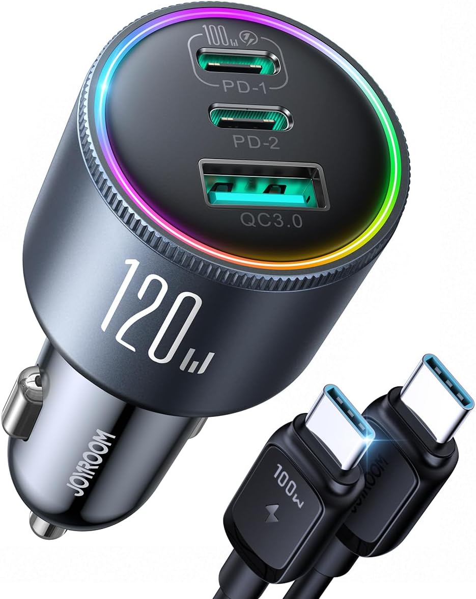 JOYROOM 120W Super Fast Car Charger USB C, 3-Port PD100W+PD35W Car Charger for iPhone 16 with USBC Cable, Type C Fast Charging Adapter for iPhone 16e/15 Pro Max, Samsung Galaxy S25 S24, iPad, Laptop