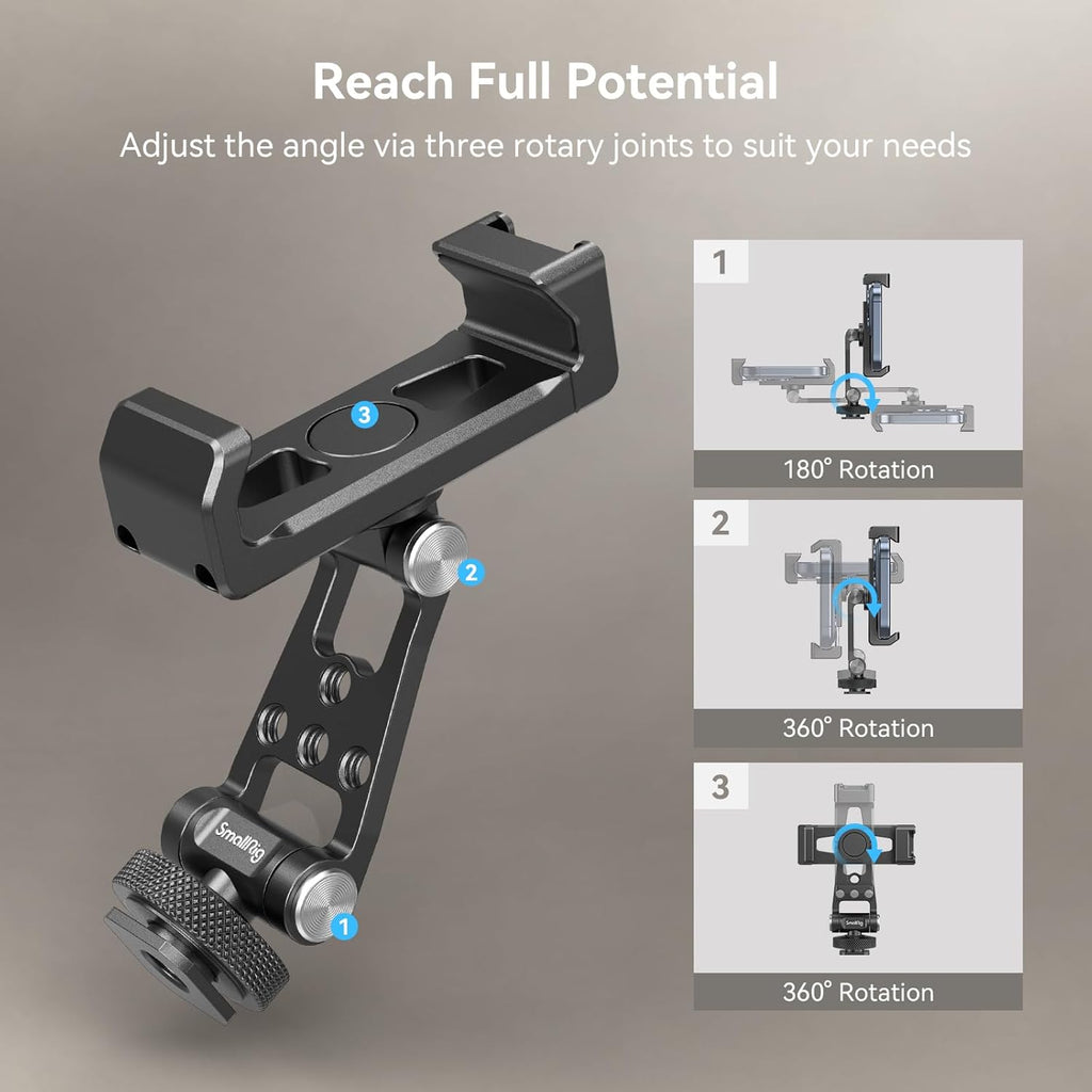 SMALLRIG Universal Metal Phone Support with Cold Shoe Mount, Smartphone Holder Adapter Support Free Adjustment Joints, Phone Tripod Mount for iPhone 17 16 15 14, for Samsung Galaxy etc. - 4382