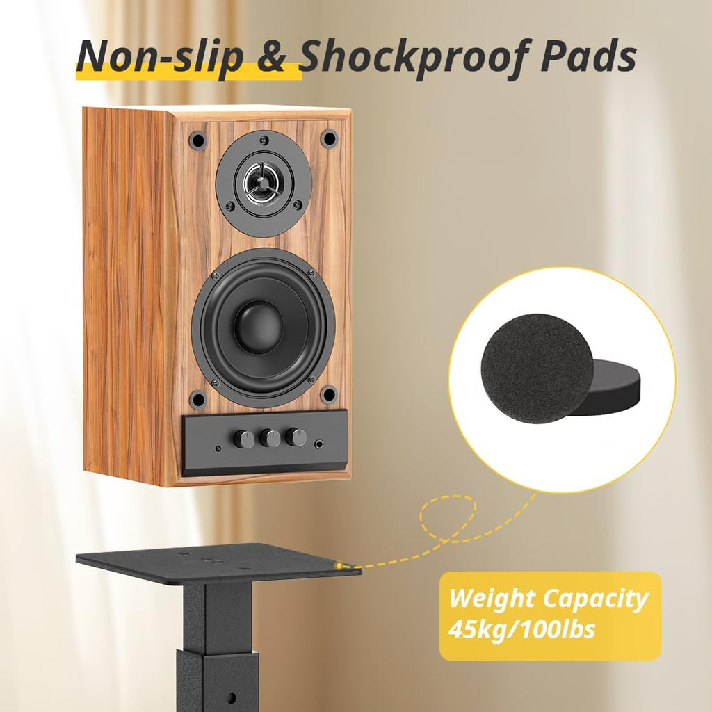 Adjustable Bookshelf Speaker Stands Pair, 20-27.5 Inch All-Metal Heavy Duty Holds 100lbs Universal for Surround Sound with Cable Management