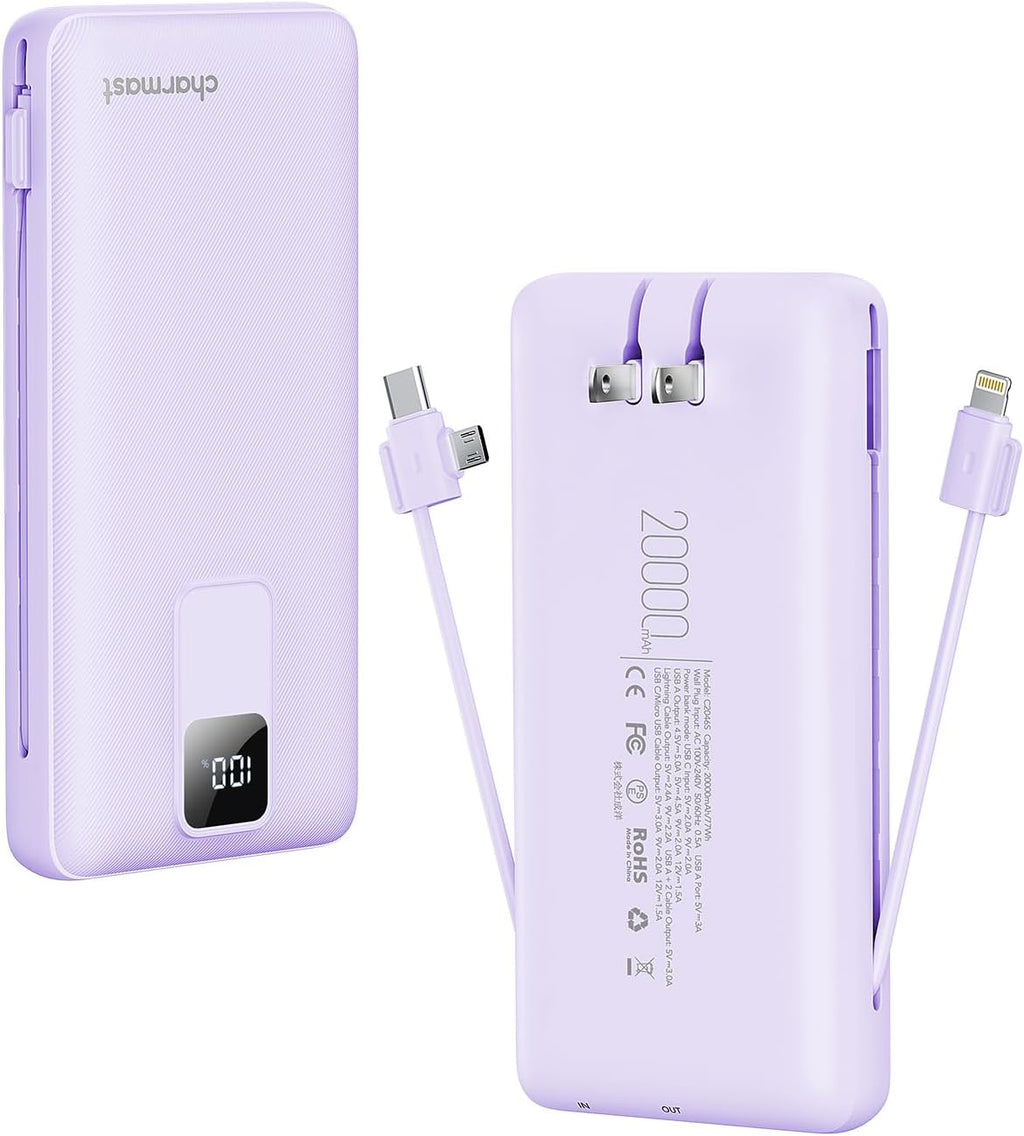 Charmast Portable Charger with Built-in Cables and Wall Plug, 20000mAh 20W USB C Power Bank Fast Charging Battery Pack Travel Essentials Compatible with iPhone 16/15/14/13 Series, Samsung Google iPad