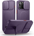SURITCH for iPhone 15 Pro Max Case with Magnetic Camera Slide Cover and Adjustable Kickstand, Compatible with MagSafe, Shockproof Bumper Case Slim Protective Cover 6.7 Inch, Dark Purple