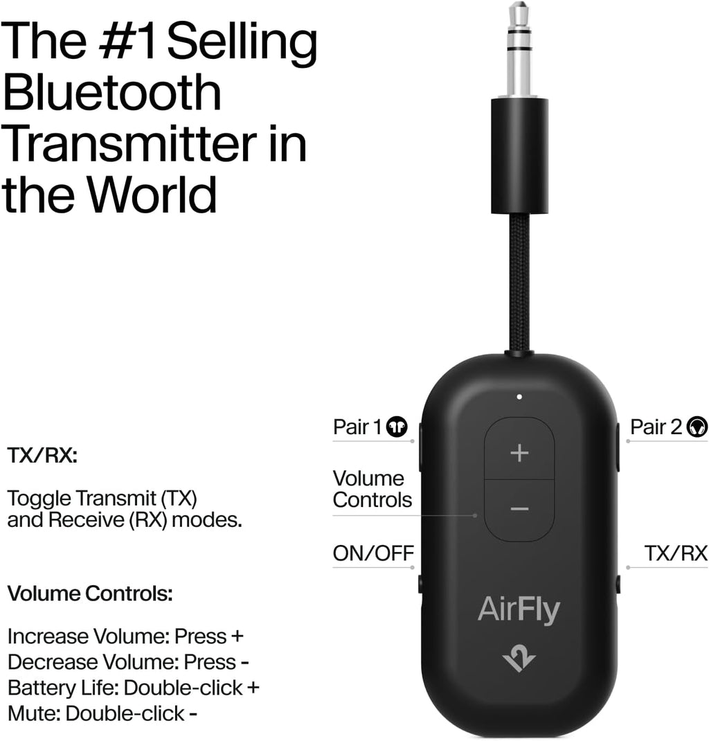 AirFly Pro 2 – Bluetooth Adapter for Airplane, Pair 2 AirPods or Wireless Headphones – 3.5mm AUX Bluetooth Transmitter and Receiver for Cars, Boats, Treadmills, TVs– Airplane Travel Essentials, Black