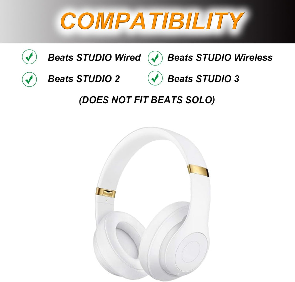 Replacement Ear Pads Cushions for Beats Studio（B0501、B0500），Beats Studio 2 & Studio 3 Wired & Wireless Headphones, Earpads with Soft Protein Leather, Noise Isolation Memory Foam - White