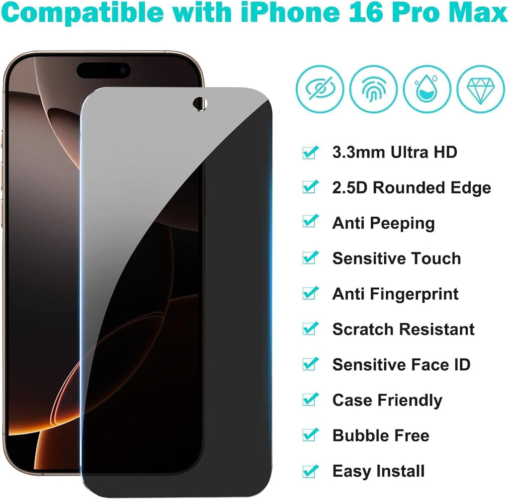 3 Pack for iPhone 16 Pro Privacy Screen Protector +2 Camera Lens 9H+Full Cover Tempered Glass Auto Alignment Kit 12FT Military Grade Shatterproof Anti Spy Longest Durable 6.3