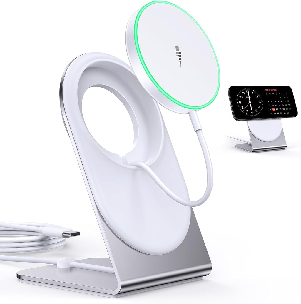Magnetic Wireless Charger Stand Certified 15W Fast Mag-Safe Charger with Sleep-Friendly Indicator Light for iPhone 16/15/14/13/12 Series Convertible Magnet Wireless Charging Station/Pad for AirPods