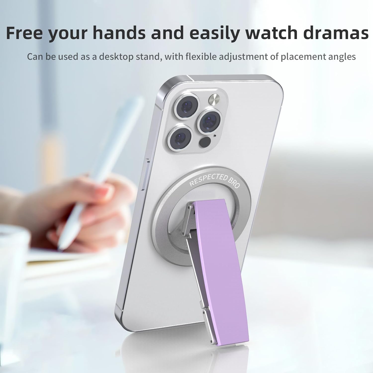 RESPECTED-BRO-Magnetic-Phone-Grip-Stand, Magnetic Phone Ring Holder Kickstand with Silicone Finger Strap, Compatibility for iPhones, Androids, and More (Purple)