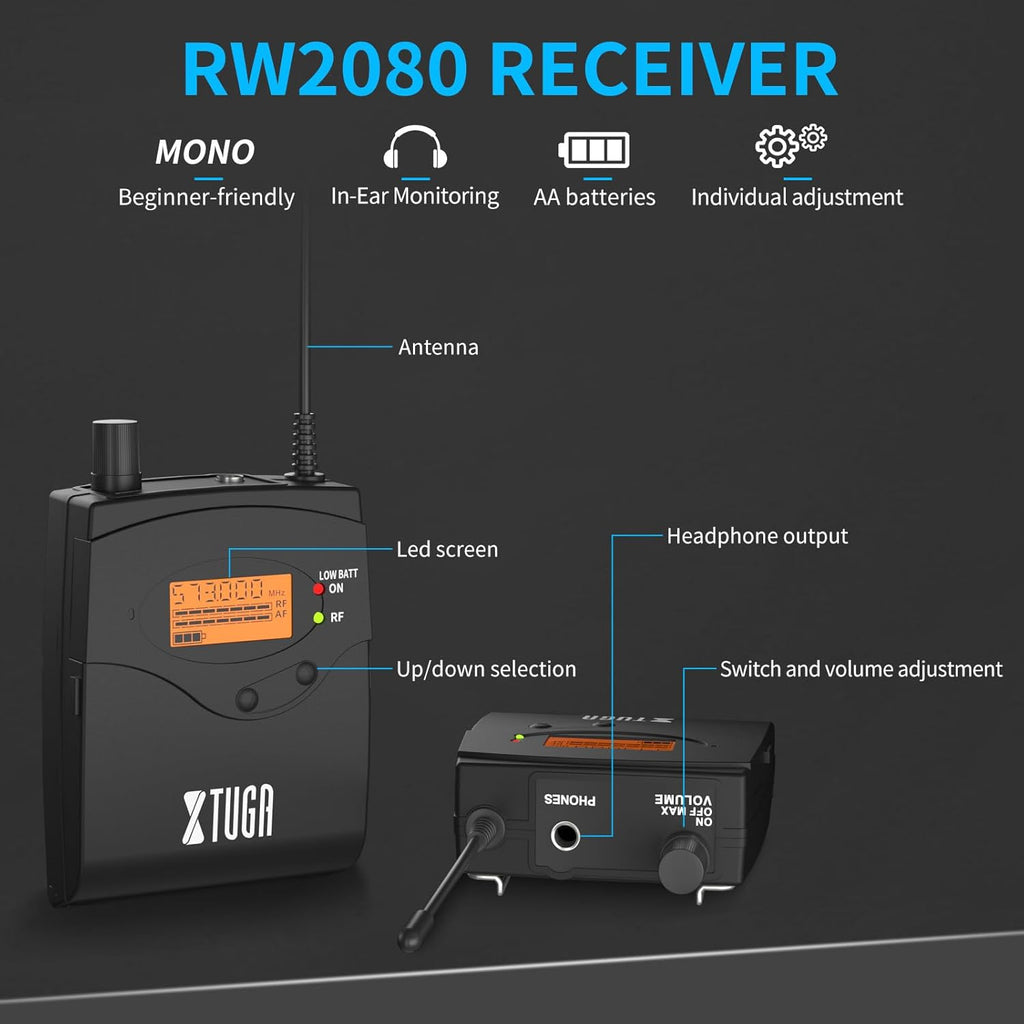XTUGA RW2080 Wireless in Ear Monitor System 4 Bodypacks UHF IEM System, Dual Channel Mono Design Stage Monitors Earphone with 40 Frequencies, 300Ft for Band, Studio or Musicians, 902-928mhz