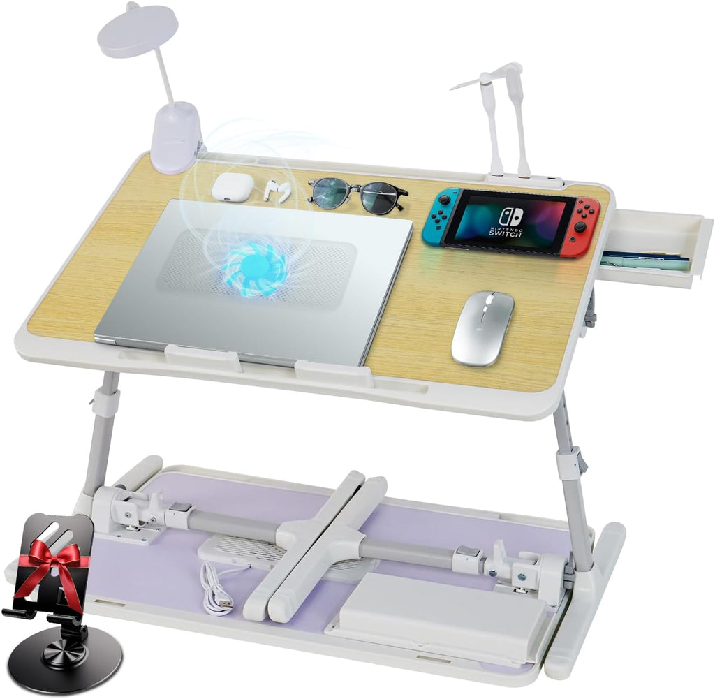 Laptop Lap Desk Include Cooling Fan,Adjustable Lap Desk with Light Fan,Folding Laptop Desk for Bed with USB,Bed Desk with Storage Drawer 56x32cm,White Oak