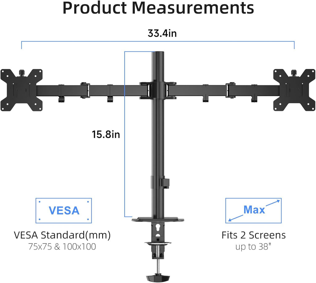 Suptek Dual Monitor Arm Desk Mount,Ultrawide Dual Monitor Arm for 2 Monitor Screens up to 38 inches and Max 22lbs Each,Extra Tall 15.75" Pole Fully Adjustable Monitor Stand for Desk,Black(MD9442MB)