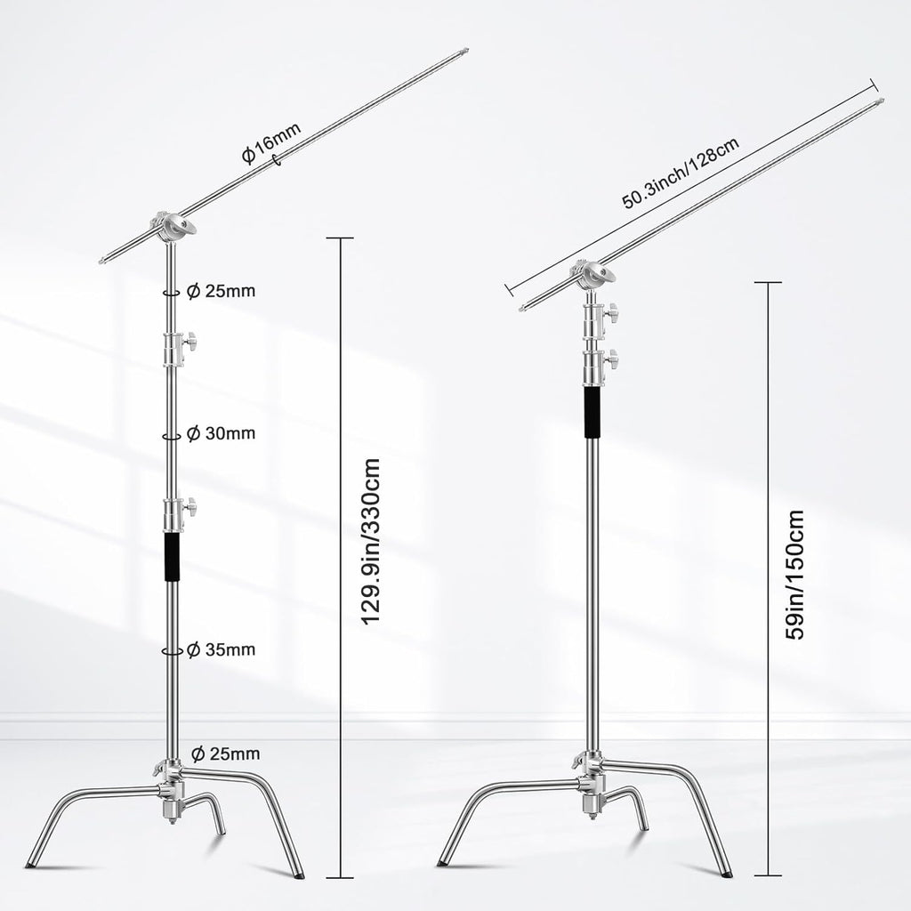 Heavy Duty C Stand 10.8ft/330cm with Holding Arm Carry Bag Sandbag 3*Clip 2*Grip Head Stainless Steel Photography Light Stand C-Stand Sturdy for Photography Studio Video Monolight Softbox Shooting
