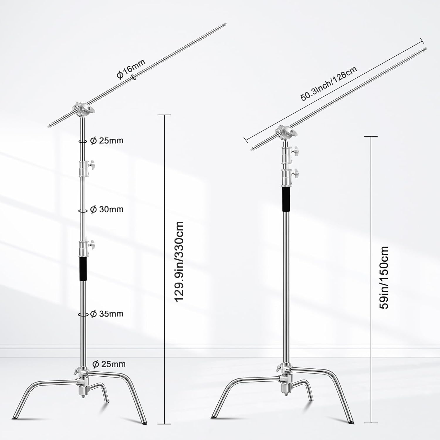 Heavy Duty C Stand 10.8ft/330cm with Holding Arm Carry Bag Sandbag 3*Clip 2*Grip Head Stainless Steel Photography Light Stand C-Stand Sturdy for Photography Studio Video Monolight Softbox Shooting