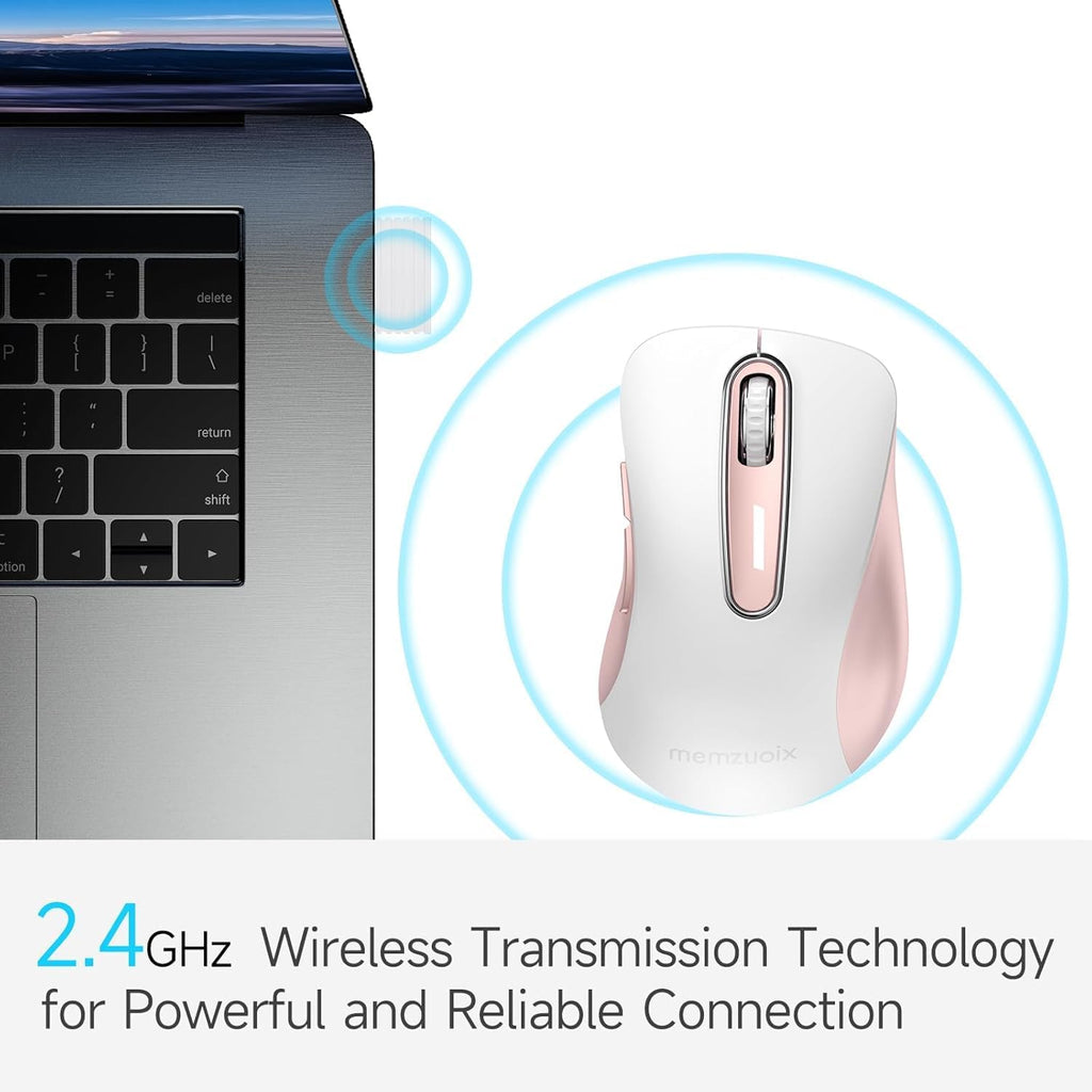 memzuoix 2.4G Wireless Mouse, 1400 DPI Computer Mice with USB Receiver, Portable Wireless USB Mouse Battery Powered Cordless Mice for Laptop, PC, Desktop, 5 Buttons (White Pink)