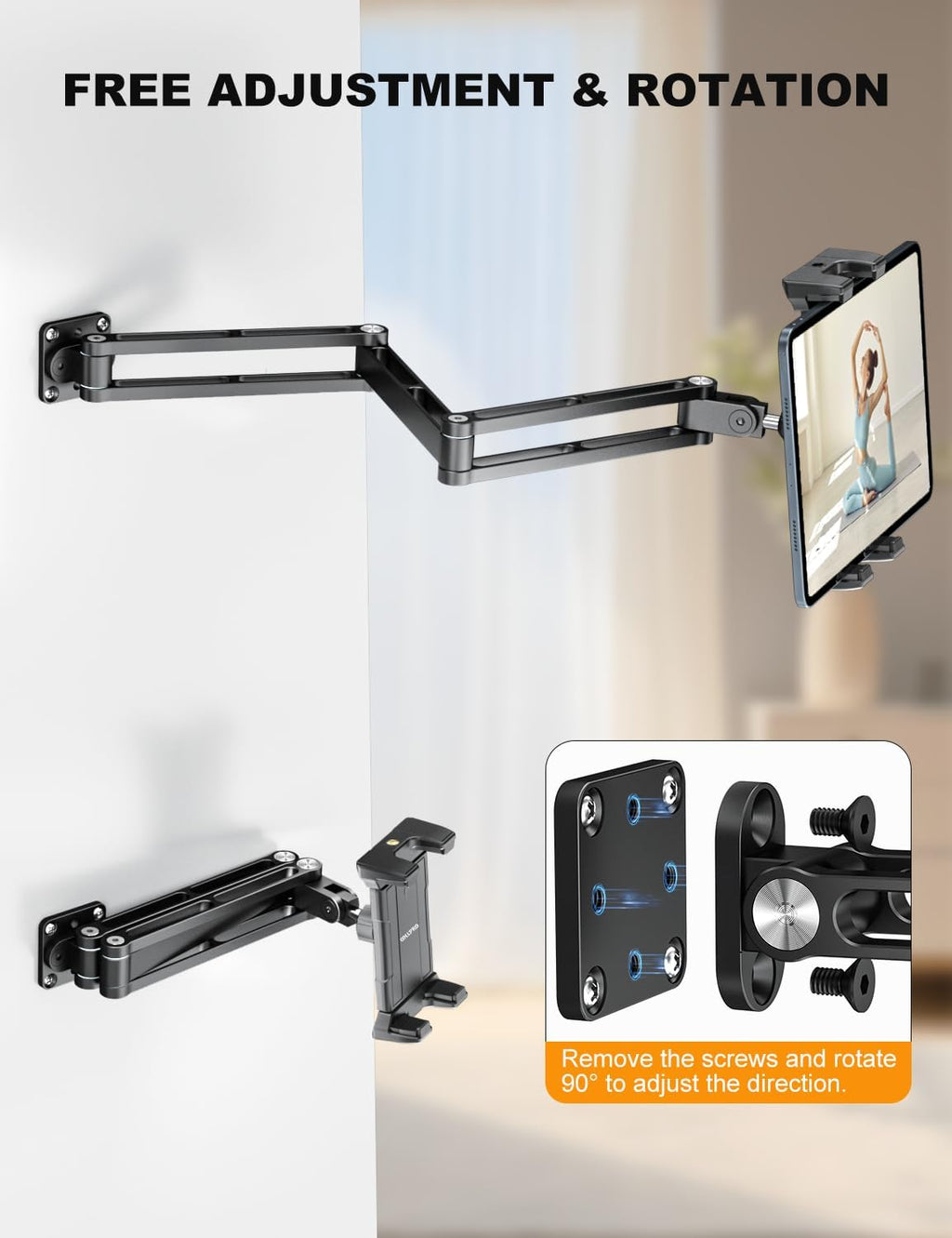 OHLPRO Aluminum Tablet Wall Mount Holder - 360° Adjustable & Extendable 3-Stage Arm for iPad Pro/Air/Mini, Galaxy Tab 5-13" | Heavy Duty Metal Stand for Kitchen, Office, Bedroom