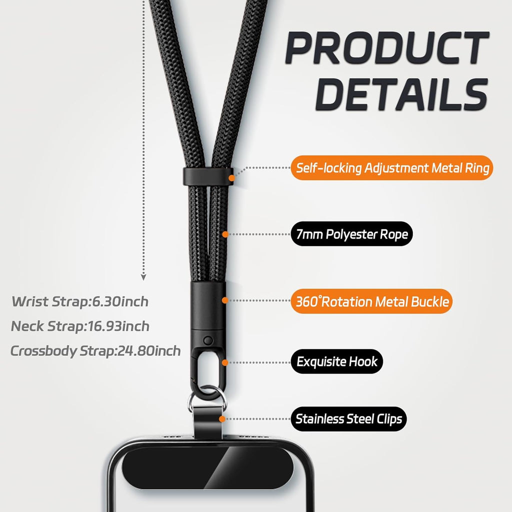 2 Pack Phone Lanyard,2×Phone crossbody strap,4×Tether Tabs,Universal Cell Phone Multifuctional Patch Polyester Lanyards,Cell Phone Lanyards for Women and Men(balck+grey)